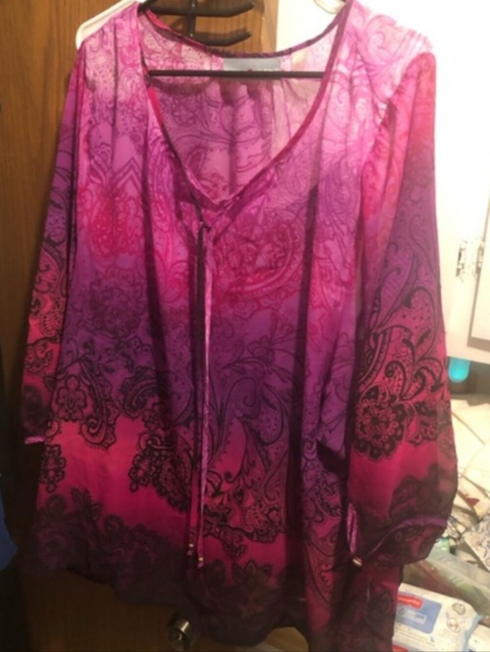 Avenue Studio - Sheer Pink Purple Ombre Paisley Tie-Neck Peasant Blouse